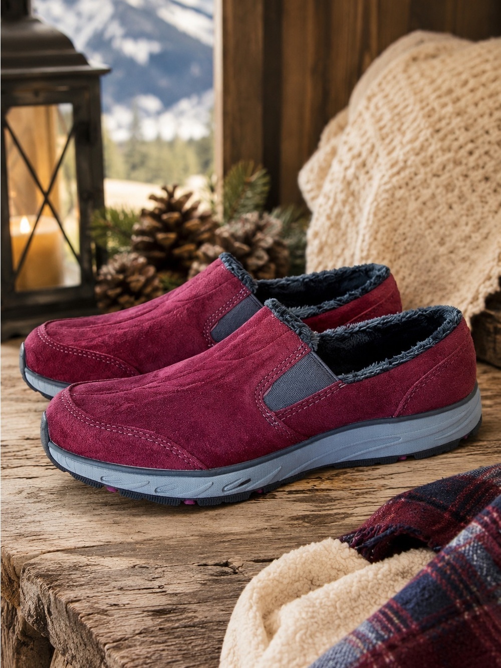 Eddie Bauer Midlite Faux Fur Lined Slip On Shoes Burgundy Suede Comfort Loafers